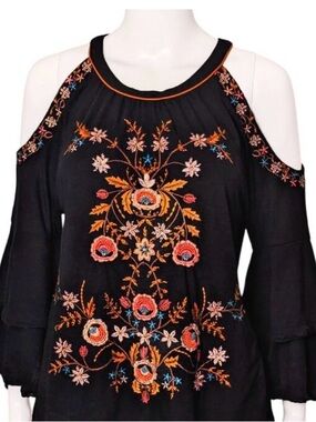 INC International Concepts Embroidered Black Multi-Colored Cold Shoulder Top XL